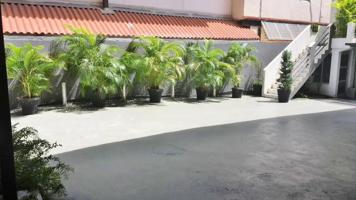 Patio techado de Serenade Lodging Rooms, con estacionamiento y plantas